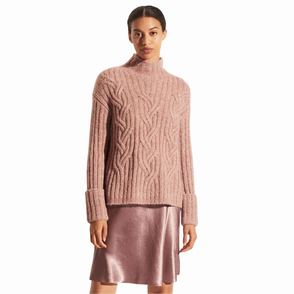 Vince Womens Sweater Rose Pink Mirrored Cable Turtleneck Alpaca Wool Boxy Medium